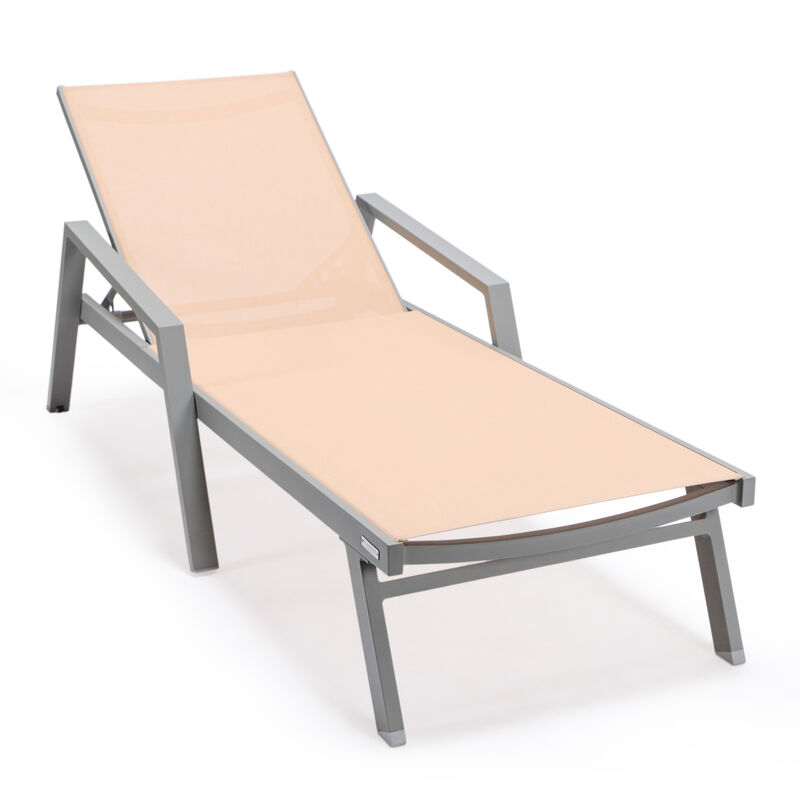 LeisureMod Marlin Modern Aluminum Outdoor Patio Chaise Lounge Chair With Arms in Grey Frame Set of 2 with Square Fire Pit Side Table