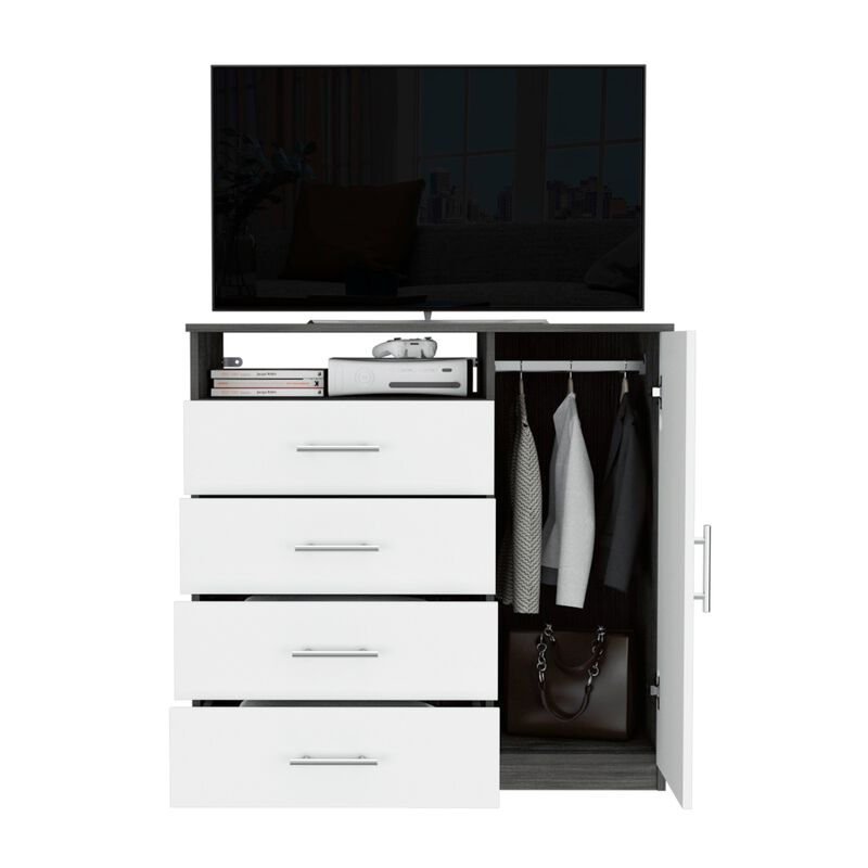 Peru 4 Drawer Dresser, Single Door Cabinet, One Open Shelf, Superior Top -Light Oak / White