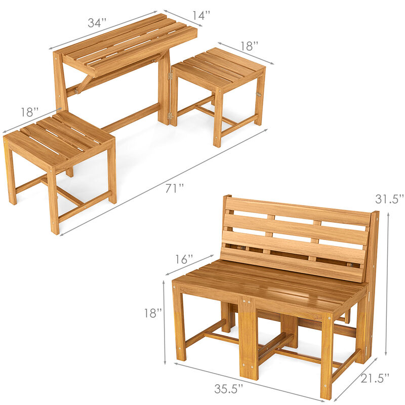 Outdoor 3-in-1 Acacia Wood Loveseat Bench with Slat Design