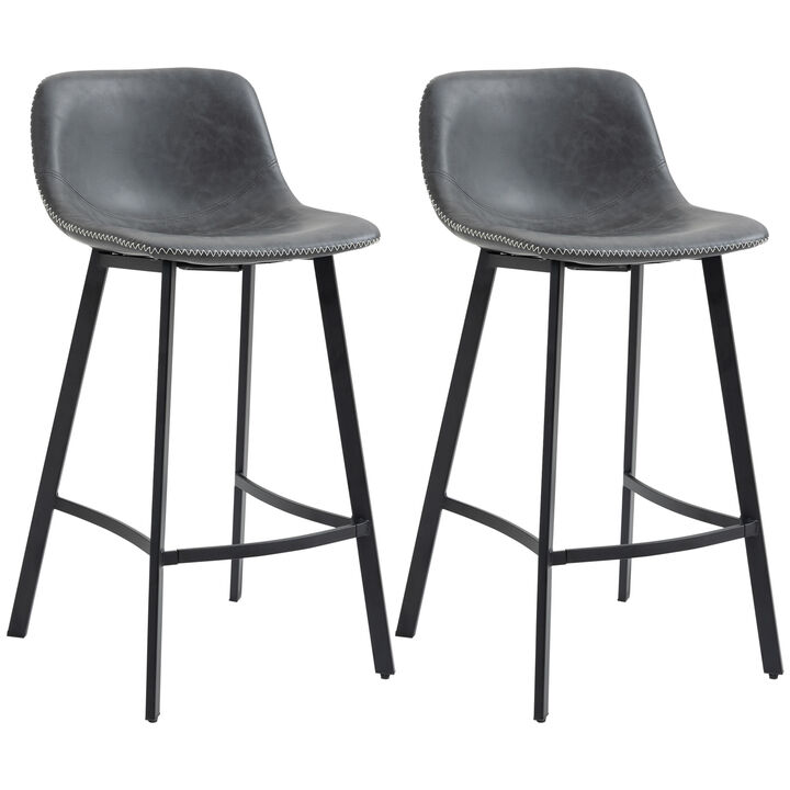 HOMCOM 27.25" Counter Height Bar Stools, Industrial Kitchen Stools, Upholstered Armless Bar Chairs with Back, Steel Legs, Set of 2, Grey