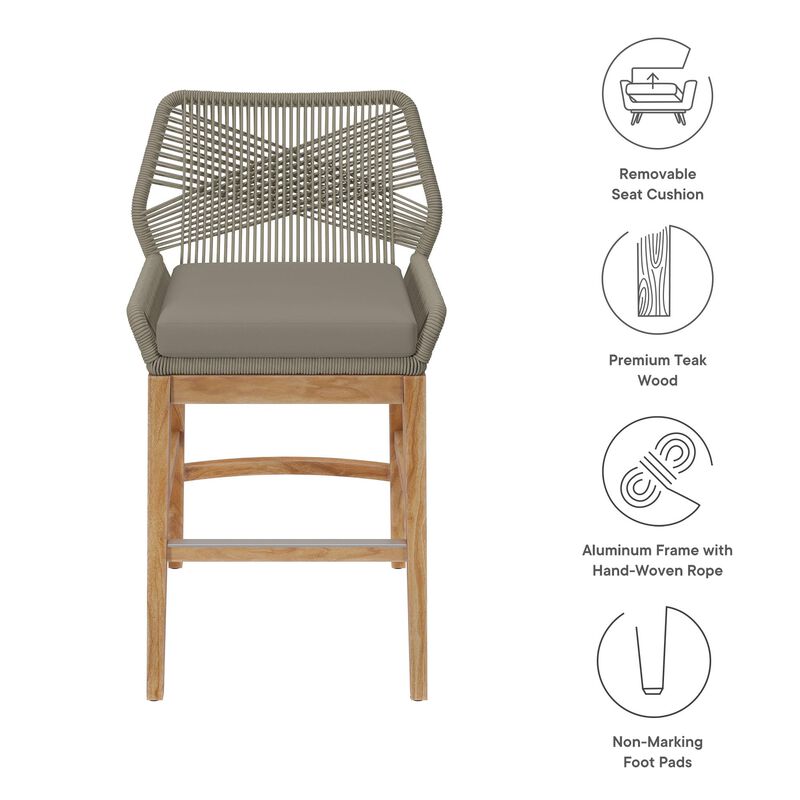 Modway Wellspring Outdoor Patio Teak Wood Counter Stool in Light Gray Greige - 24 Inch Patio Counter Height Stool with Cushion, Woven Seat and Teak Wood Legs image number 3