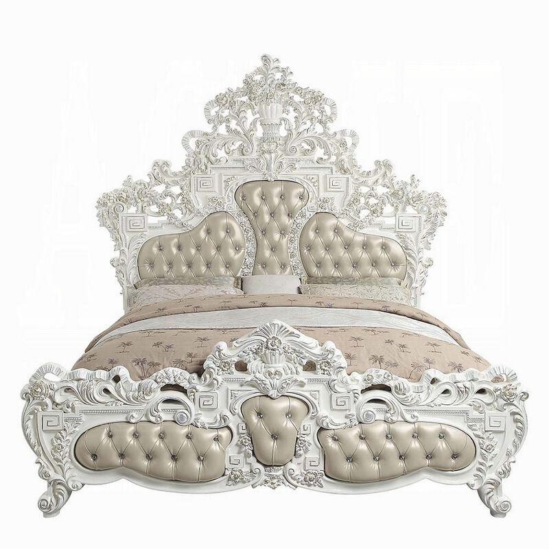 Kin King Size Bed, Ornate Vintage White, Tufted Beige Faux Leather - Benzara