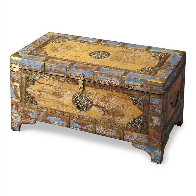 Multicolor Hand-Painted Wooden Storage Trunk Coffee Table with Brass Inlay