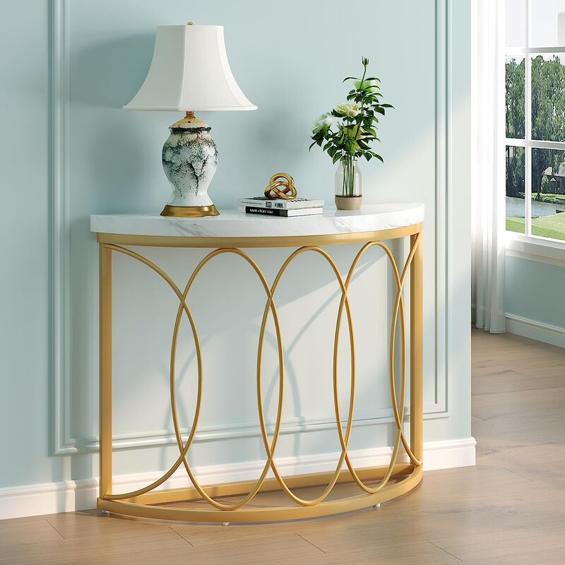 Half Moon Console Table with Faux Marble Top, Sofa Entryway Table-White image number 1