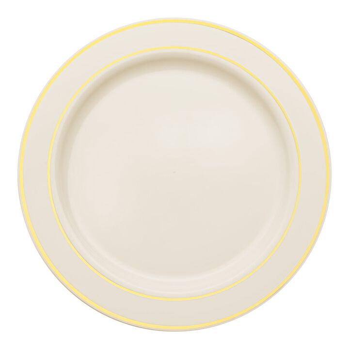 10.25" Ivory with Gold Edge Rim Plastic Dinner Plates (120 Plates)