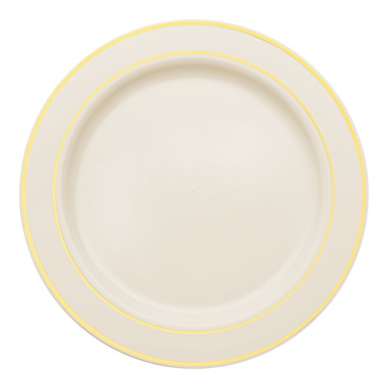 10.25" Ivory with Gold Edge Rim Plastic Dinner Plates (120 Plates) image number 0