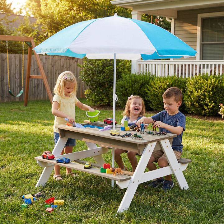 Wooden Kids Picnic Table, Sand and Water Table with Umbrella, Activity Table for Patio Play