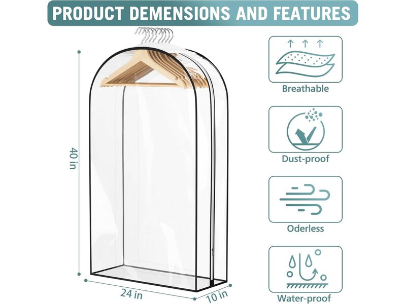 Clear Garment Bags for Hanging Clothes | 10" Gusseted Suit Bags for Closet Storage image number 2