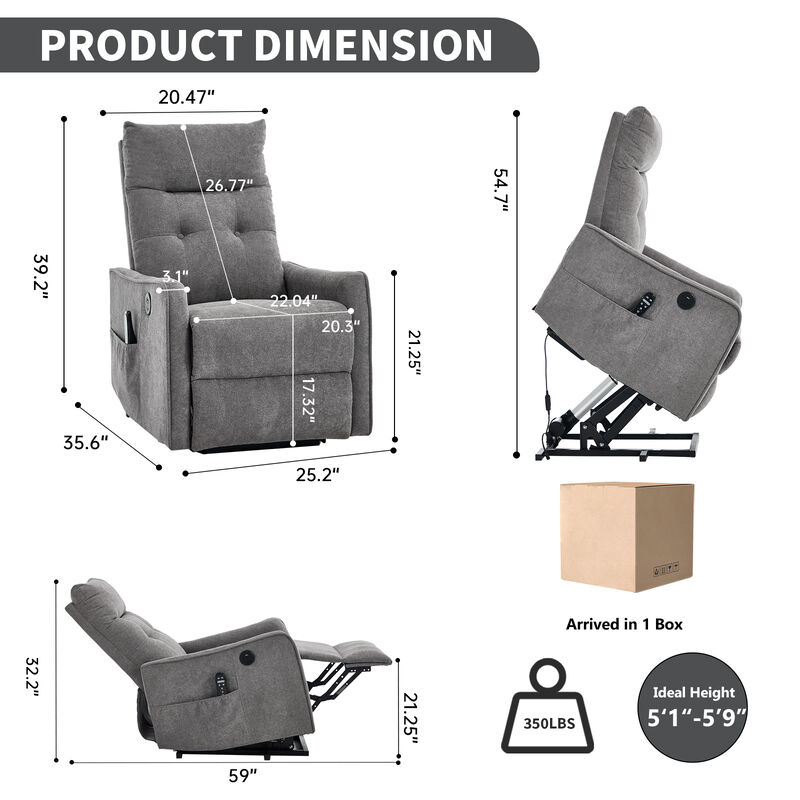 Chenille Single Motor Power Lift Recliner Chair with Heat Massage and USB Charging for Elderly