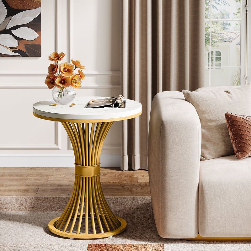 Faux Marble Round Side Table with Gold Metal Base, End Table image number 3