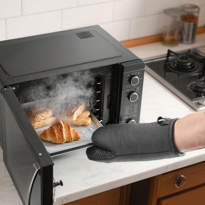 Lightweight Cotton Oven Mitts with Silicone Strips, Heat Resistant Baking Gloves, Set of 2 with Hooks-Grey