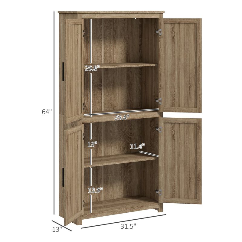 64" Kitchen Pantry, Tall Storage Cabinet with 4 Rattan Doors, 4 Tier Shelves and Adjustable Shelf, Natural