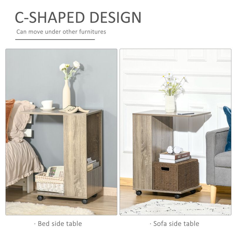 C Shape Sofa Side Table Mobile End Table with Storage and Wheels for Living Room, Bedroom, Office, Grey