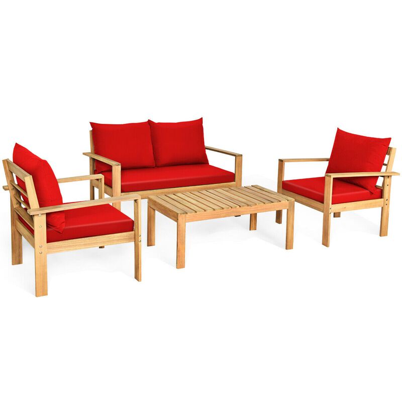 Outdoor 4 Pieces Acacia Wood Chat Set with Water Resistant Cushions-Red image number 0