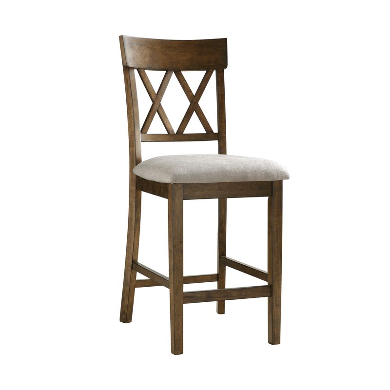 Carl 26 Inch Counter Height Chair, Polyester Seat, X Back, Brown, Set of 2 image number 0