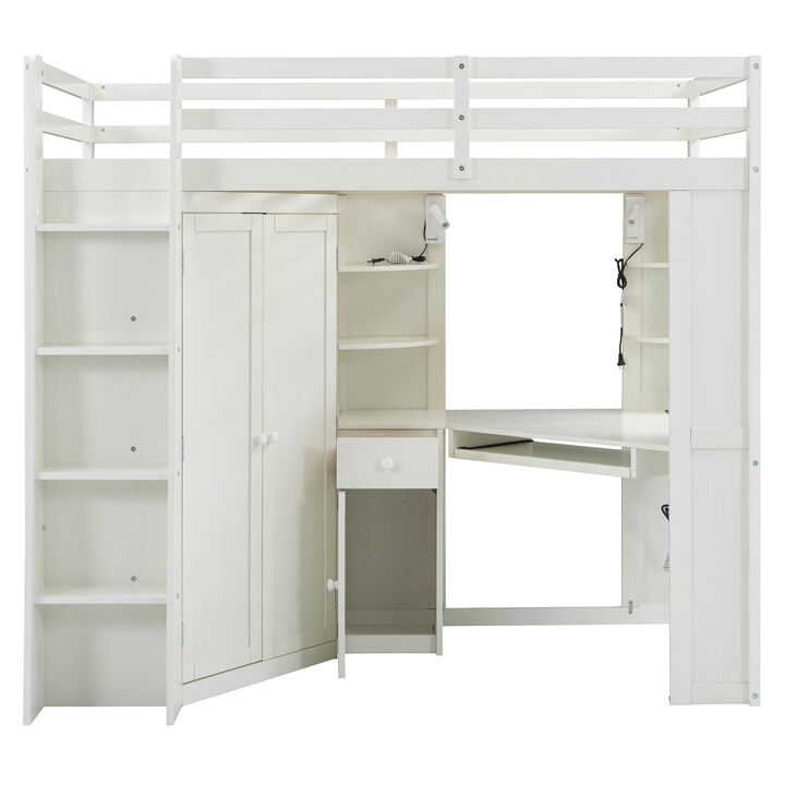 Merax Twin Size Loft Bed with Large Wardrobe, Workstation & Charging Station