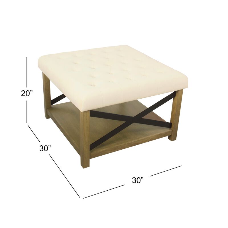 Ottoman with Open Storage, Wood Legs, Cream Tufted Microfiber 30 Inch - Benzara