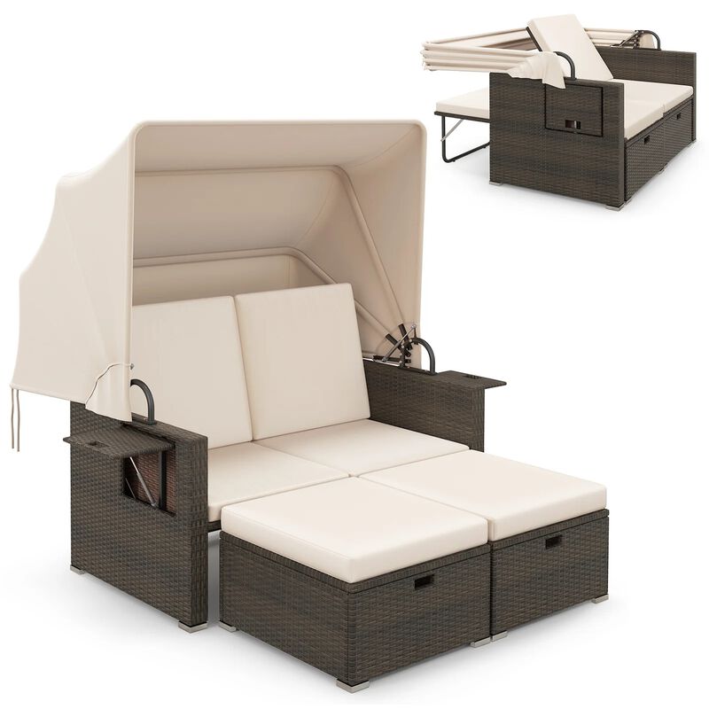 Mondawe Outdoor Patio Rattan Daybed with Retractable Canopy and Adjustable Backrests