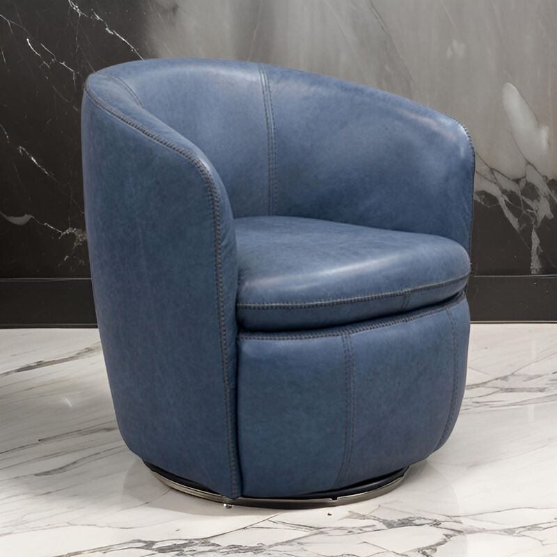 Niko Swivel Accent Chair, Round Barrel Design, Blue Top Grain Leather