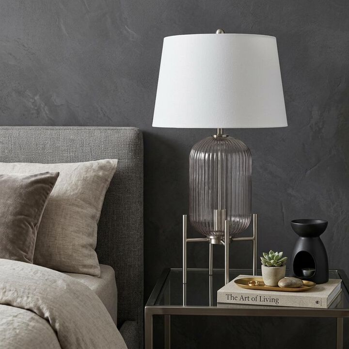 HomeRoots 33" Nickel Glass Round Table Lamp With White Empire Shade