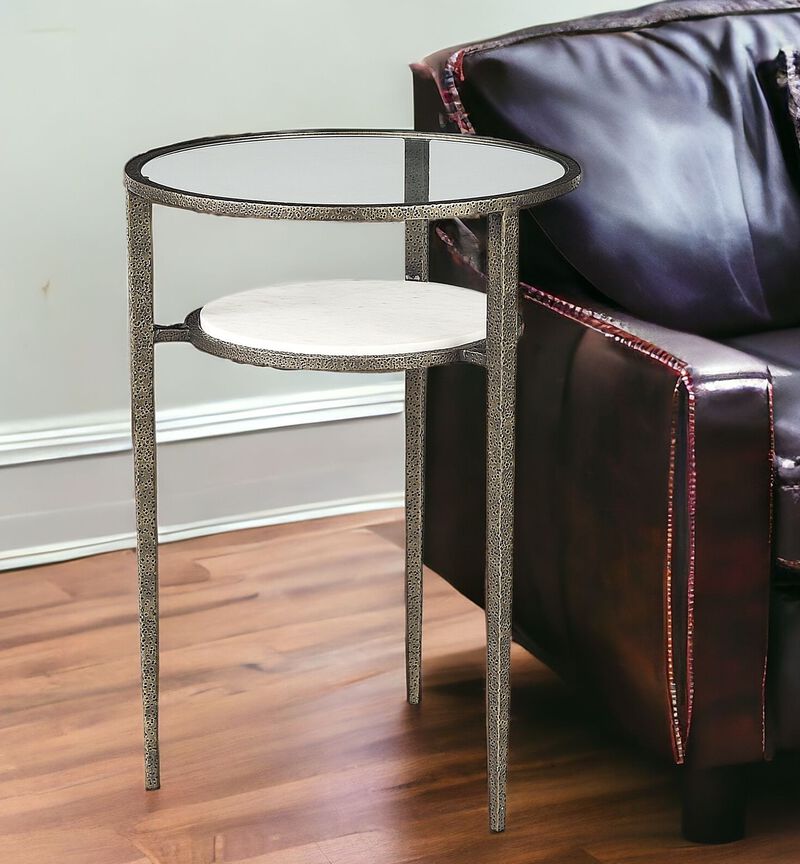 Glass and Metal Round End Table with Lower Shelf, Modern Accent for Living Room