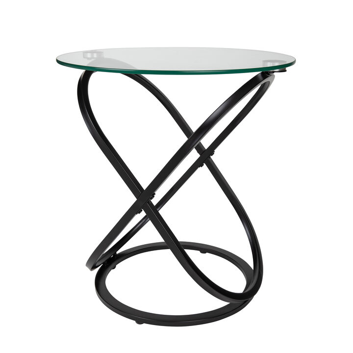 Galaxy Tempered Glass Round End Table with Cross Base Metal Frame