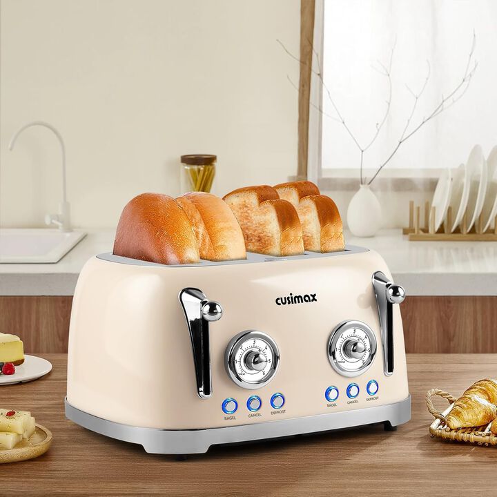 Cusimax Retro Toaster, 4 Slice with Extra Wide Slots for Bagels and Waffles, 6 Browning Levels and 4 Functions, Stainless Steel Toaster