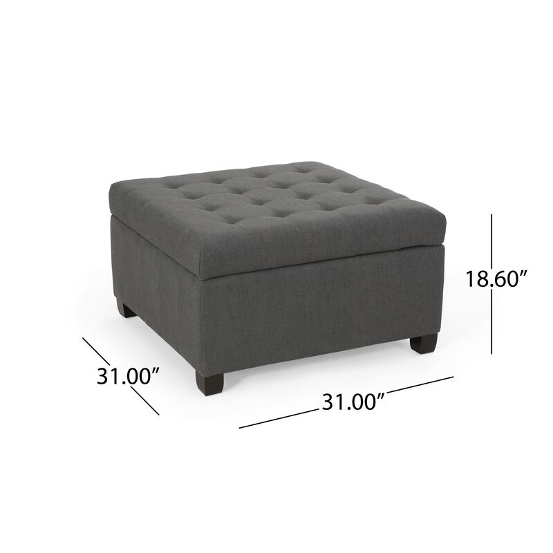 Cindy Ottoman with Storage, 31 Inch Square, Gray Waffle Stitch Fabric - Benzara