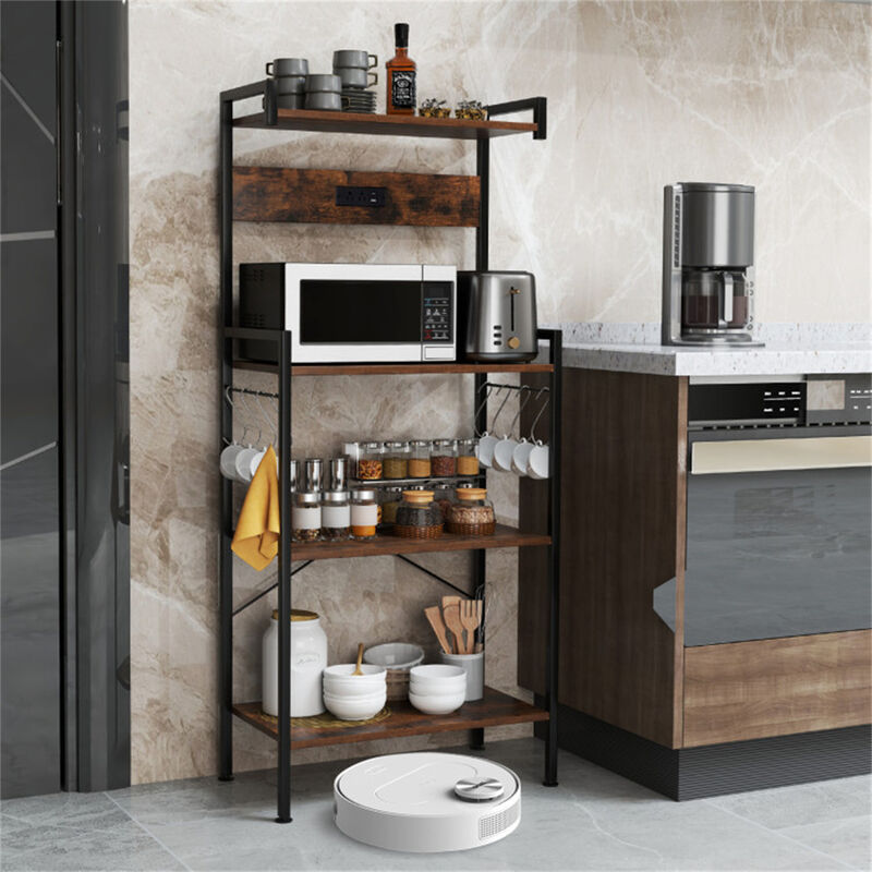 Modern 4-Tier Kitchen Storage Rack with Electrical Outlets, Space-Saving Organizer for Kitchen, Dining, or Office