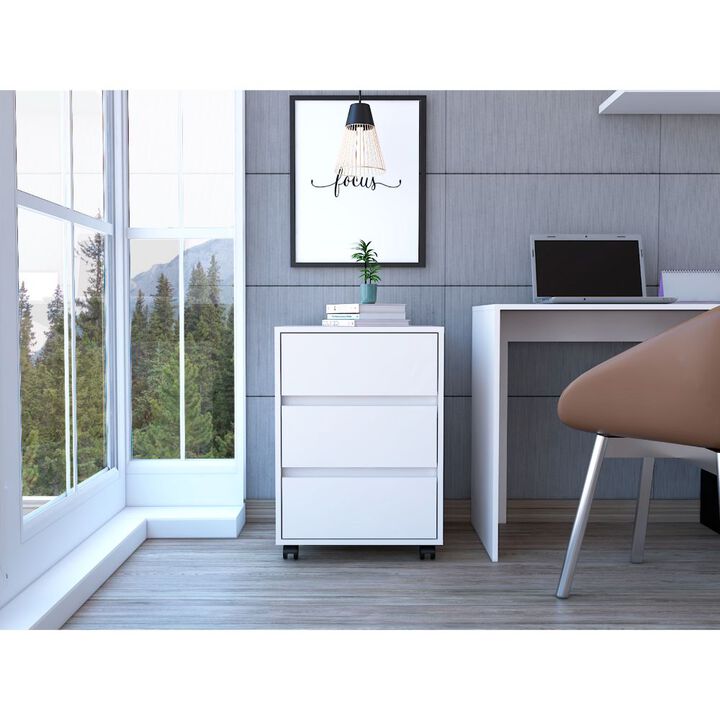 DEPOT E-SHOP Ibero 3 Drawer Filing Cabinet, Four Casters, Three Drawers, Top Surface, White