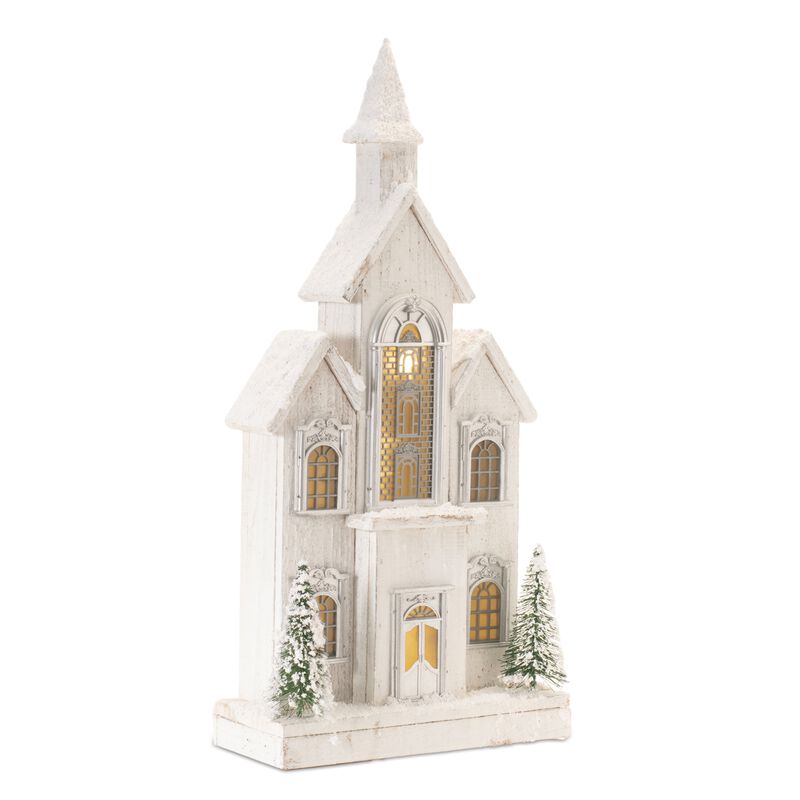 Flocked Wooden Church with LED Lights – Lighted Christmas Decoration for Tabletop, Console, or Holiday Vignette