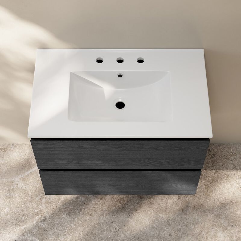 30" Wall-Mounted Bathroom Vanity in Black Oak with 3-Hole Widespread Sink Top image number 3