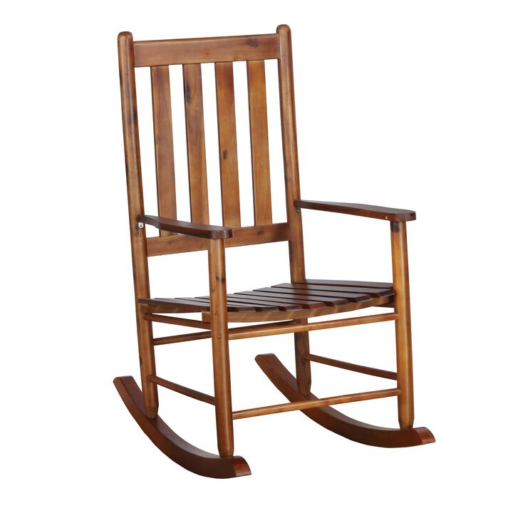 Wooden Rocking Chair with Slat Back and Mission Style, Brown-Benzara