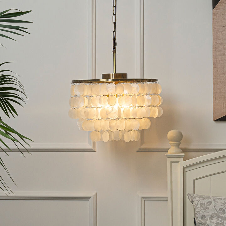 Unique Tiered Antique Bronze Capiz Chandelier with Seashell Accents