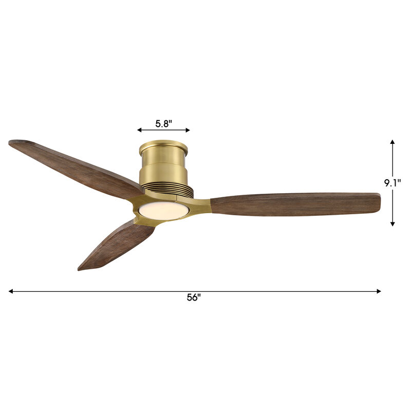 56" Mid Century Soft Brass Low Profile Solid Wood Reversible DC Motor Dimmable LED 6 Speed Flush Mount Ceiling Fan with Light and Remote image number 5
