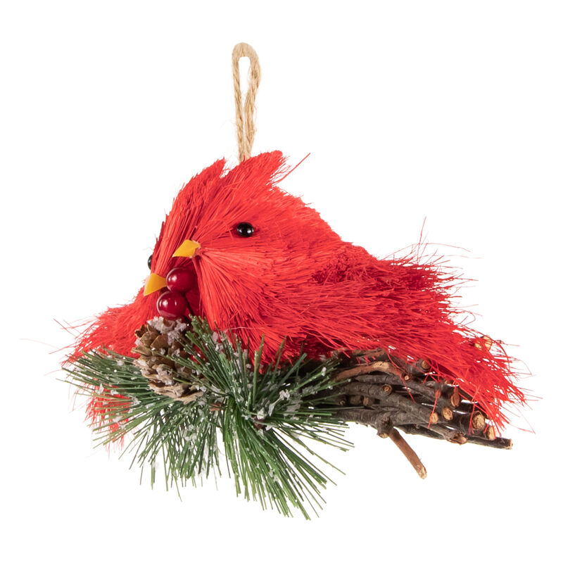 8" Double Cardinal and Pine Needle Branch Hanging Christmas Ornament