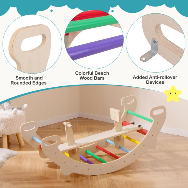 Hivvago 4-in-1 Multifunctional Wooden Climbing Toys with Rocker and Crawling Tunnel