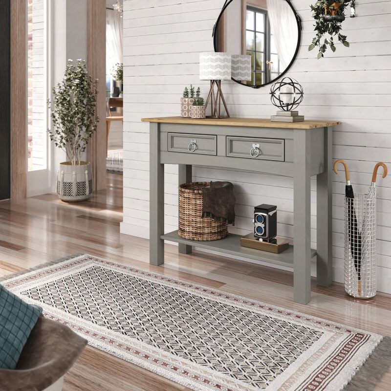 OS Home and Office Furniture Solid Wood Two Drawer Hall Table in Corona Gray
