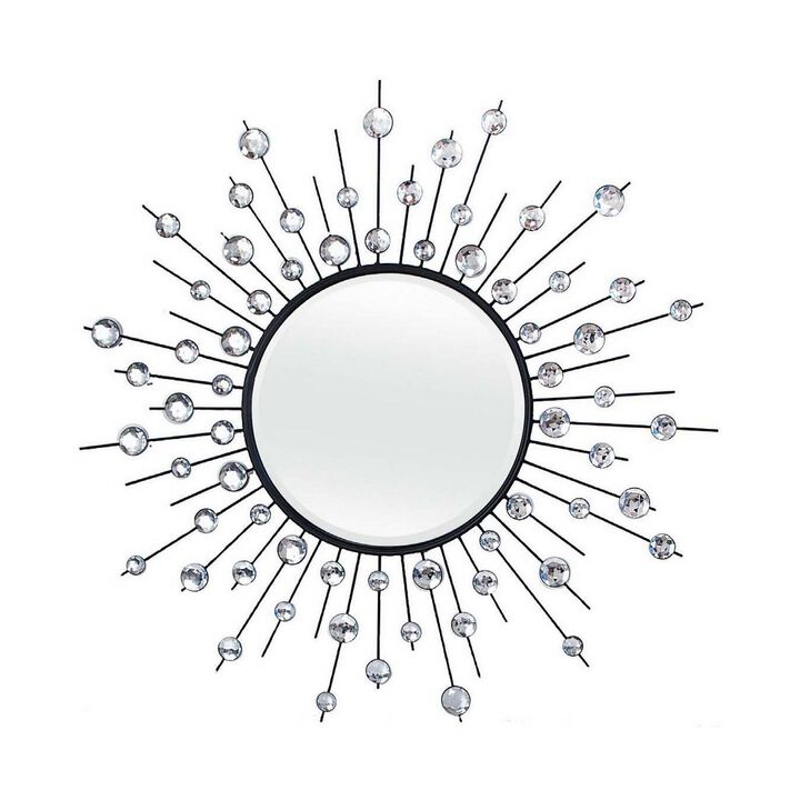 32 Inch Wall Decor, Round Mirror, Sunburst Style, Metal, Black, Silver