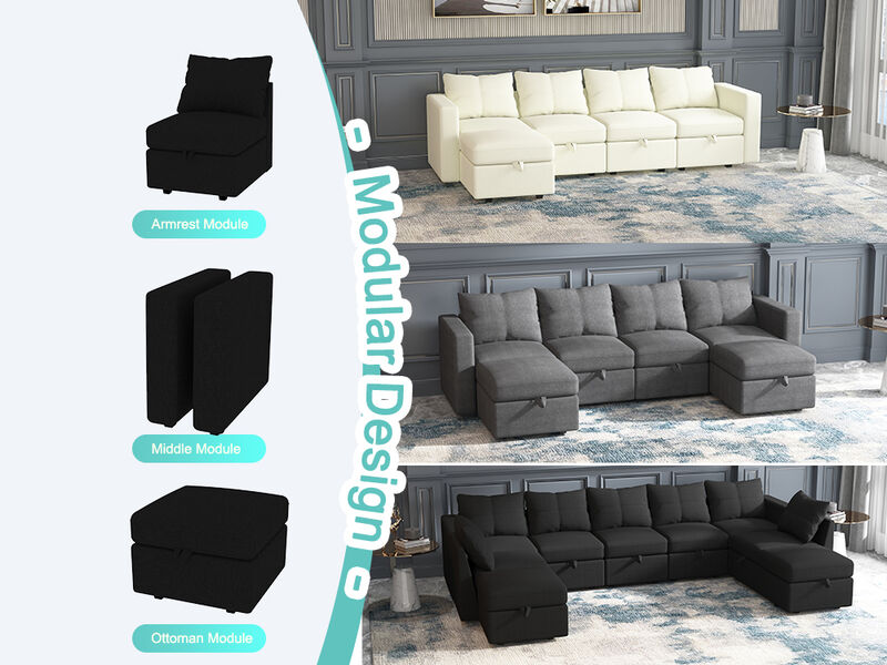 Modular 4-Seat Sectional Sofa with Wooden Frame and Chaise, Convertible Sofa with Pull-Out Bed, Available in Black, White, and Gray,109" L x 54.5" W x 34" H