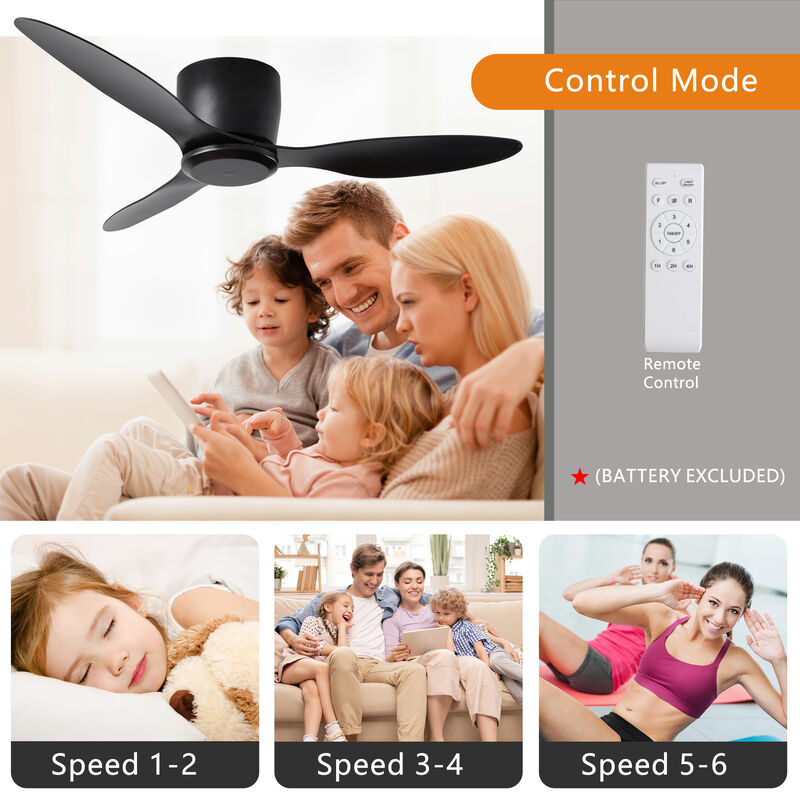 Modern  Low Profile Ceiling Fan, No Light, 6-Speed Reversible DC Motor