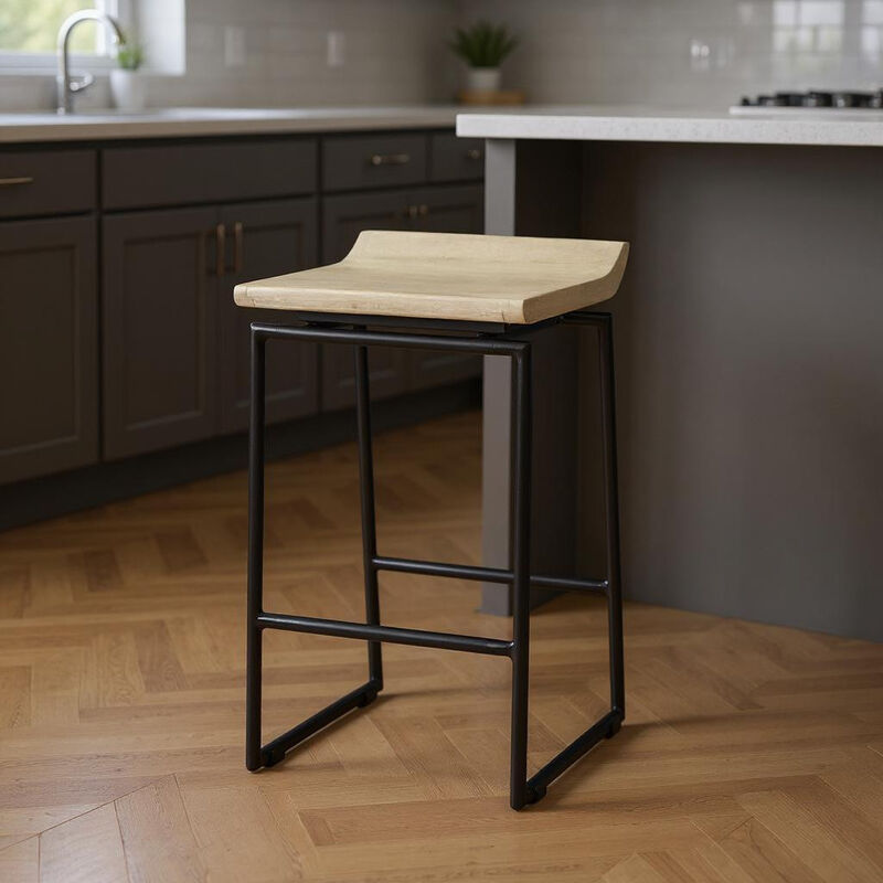 HomeRoots 25" Natural and Black Solid Wood and Metal Low Back Counter Height Bar Chair image number 1