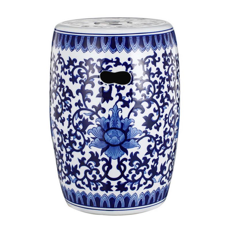11 Inch Garden Stool, Ceramic Drum Shape, Blue, White Floral Pattern
