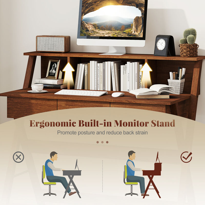 Mid-Century Desk with Monitor Stand and 3 Drawers for Home Office Organization image number 7