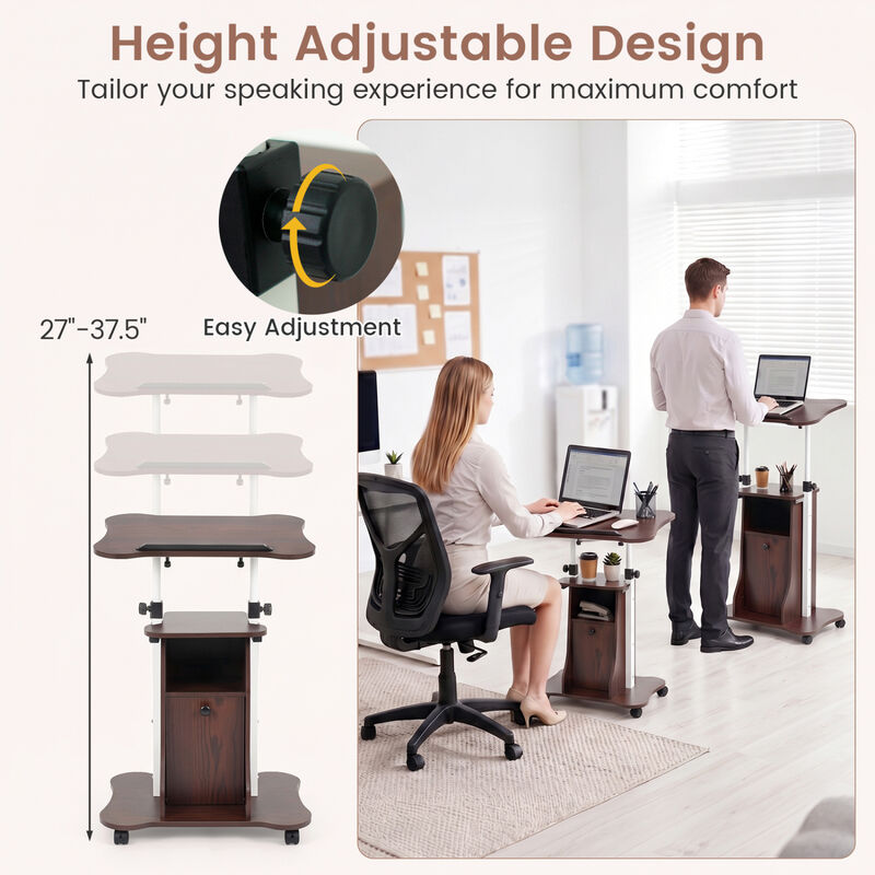 Mobile Standing Desk Cart with Adjustable Height, Tilt Desktop and Cabinet image number 3