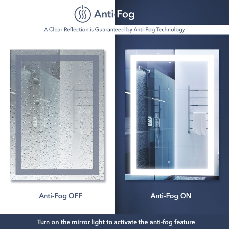 Remy Rectangular Frameless Antifog Front-Lit Wall Bathroom Vanity Mirror, Smart Touch