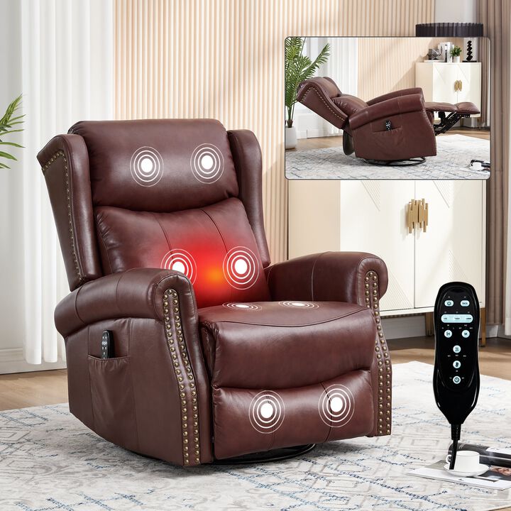 Genuine leather Heat Massage Manual Recliner Chair with Rocker and Swivel for Living Room