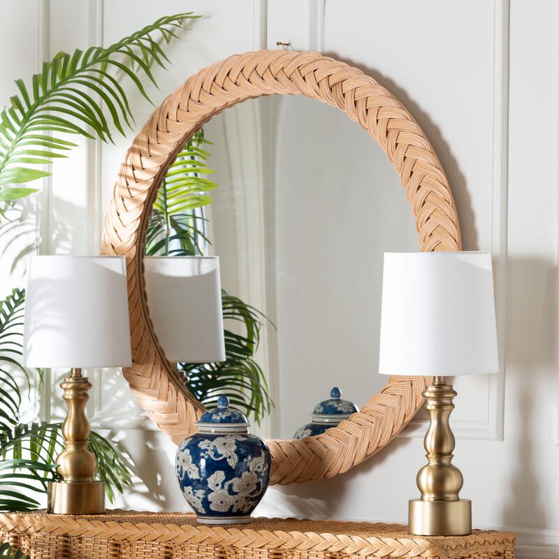 bali & pari Nara Natural Rattan Wall Mirror &ndash; Handwoven Braided Wicker Frame, Coastal Boho Wall Decor for Entryway, Bedroom, or Living Room, Round image number 1