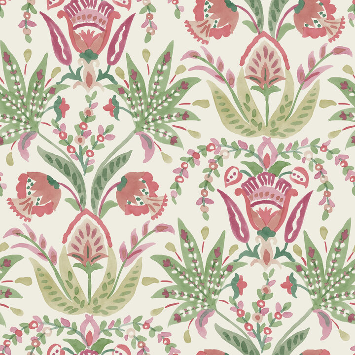Seaside Jacobean Green & Red Wallpaper