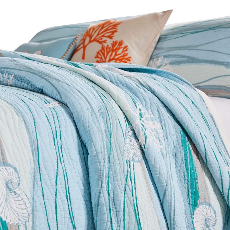 Maritsa Four Piece Twin Size Fabric Quilt Set with Coastal Prints, Blue - Benzara